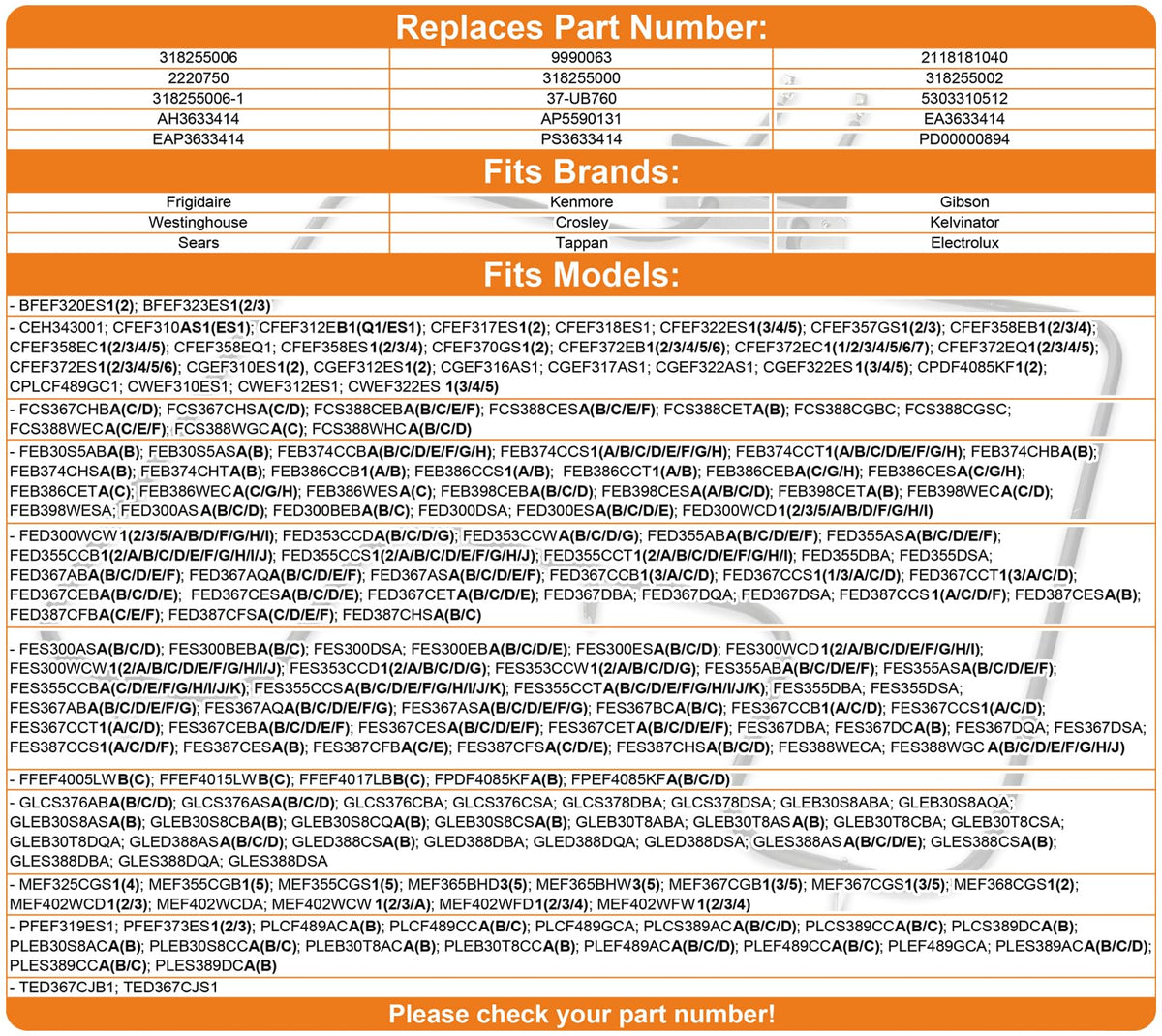Compatible Lower Bake Element for Frigidaire PLES389AC, PLES389CC, PLES389DC Range Models
