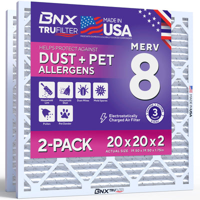 TruFilter 20x20x2 Air Filter MERV 8 (2-Pack) - MADE IN USA – Dust & Pet Defense Electrostatic Pleated Air Conditioner