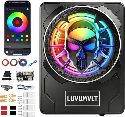 1200W 10" Skull Car Subwoofer with APP-Controlled RGB Beat-Sync Lights, Slim Under Seat Powered Built-in Amplifier