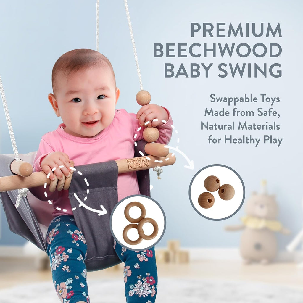 Baby Swing, Grey White Indoor Outdoor Portable Hanging Chair - Infant & Toddler Kids 6 Months - 4 Years, Cotton