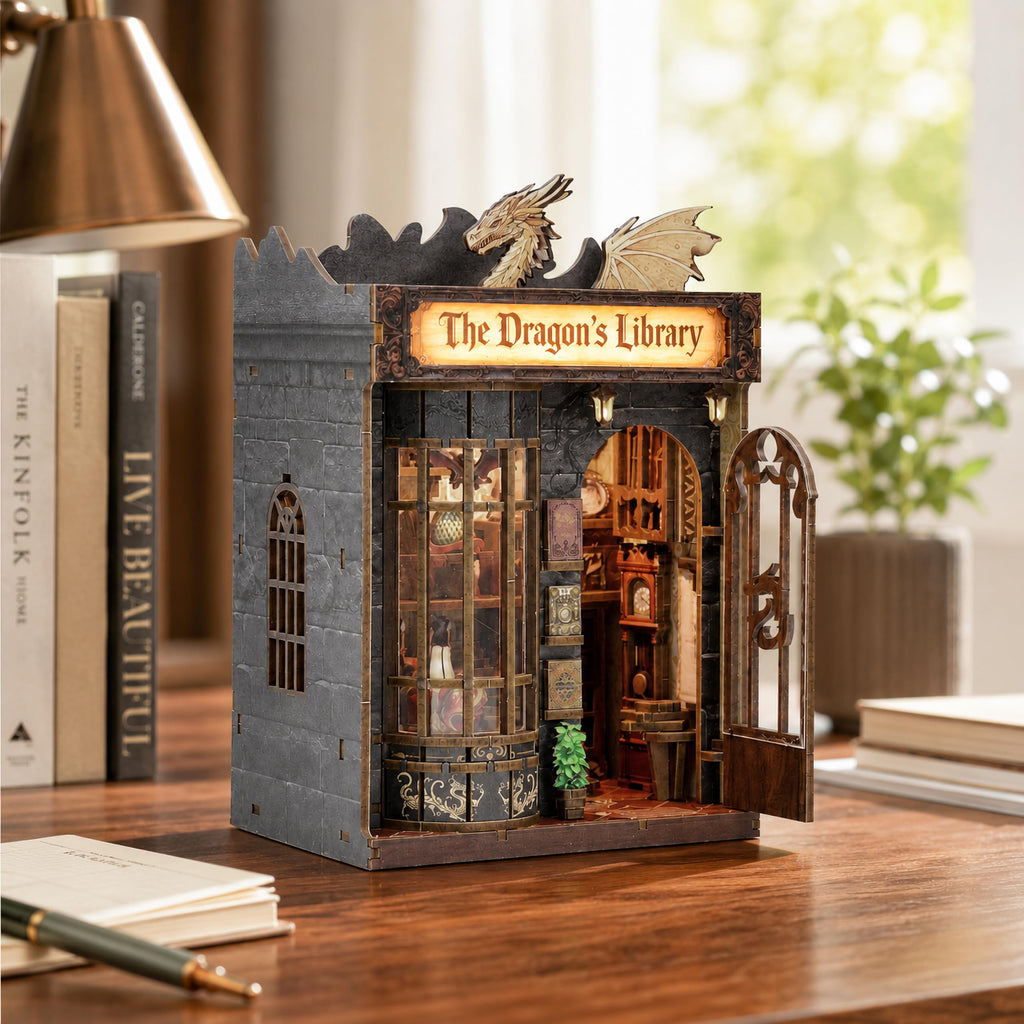 Dragon Library Book Nook Kit, DIY Dollhouse Booknook Bookshelf Decor