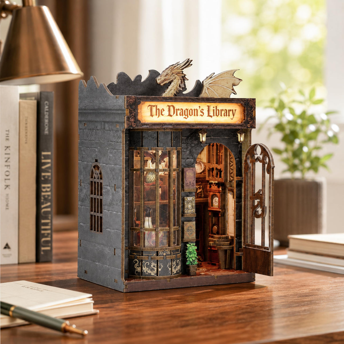 Dragon Library Book Nook Kit, DIY Dollhouse Booknook Bookshelf Decor