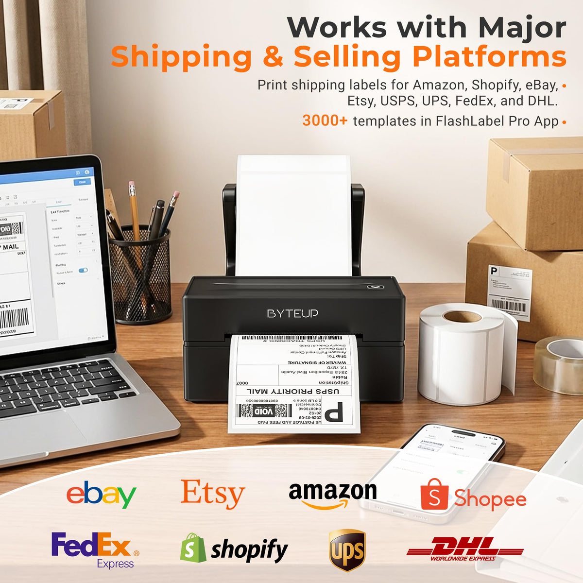 Bluetooth Thermal Shipping Label Printer, 4x6 Wireless for Business