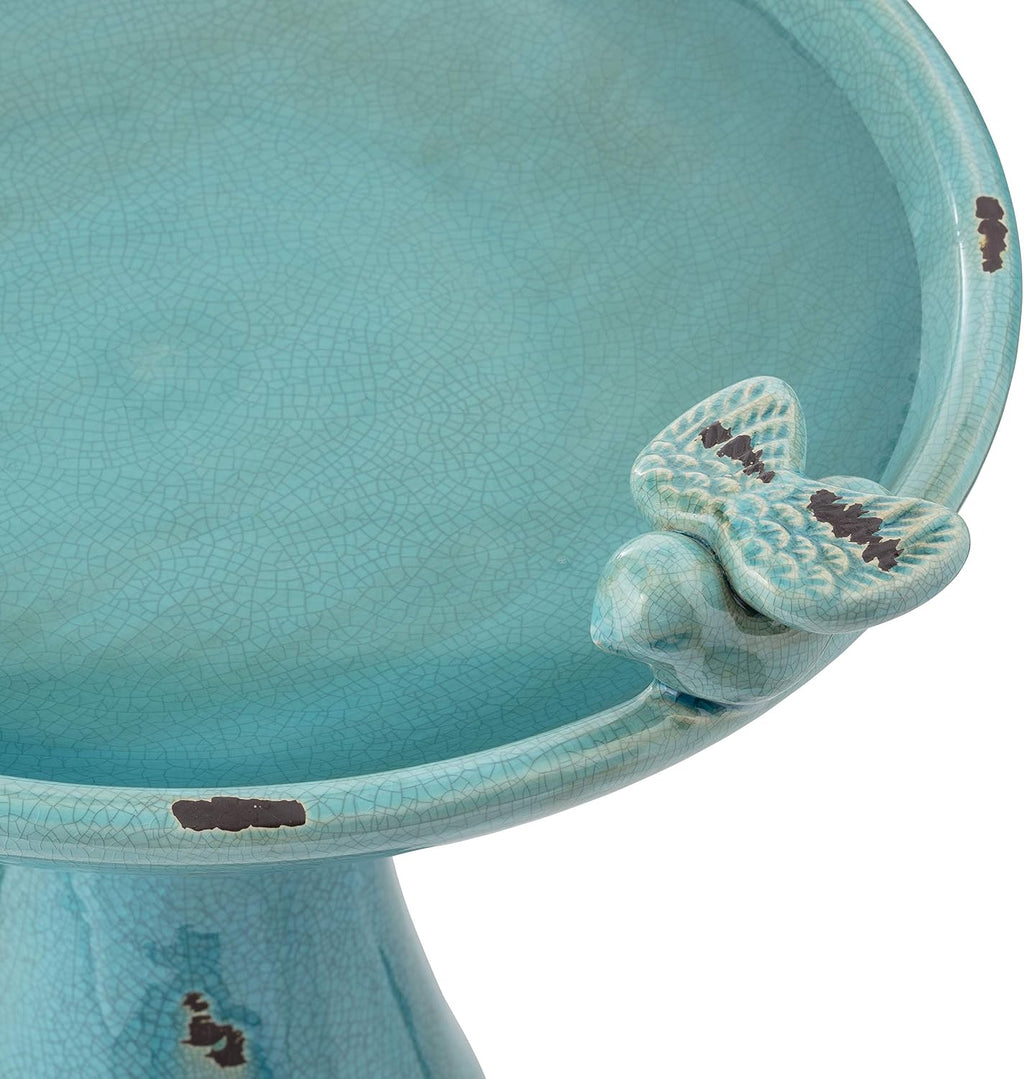 25" Tall Outdoor Ceramic Antique Pedestal Birdbath with 2 Bird Figurines, Turquoise