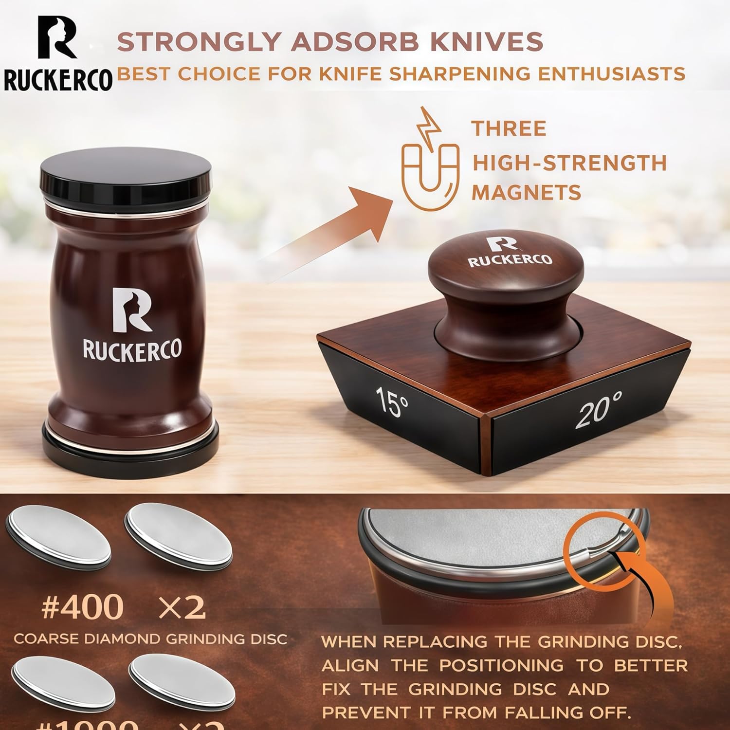 The Original Patented Knife Sharpener Kit, 4 Replaceable Ceramic Grinding Discs,Rolling Knife Sharpener 15& 20& 12&