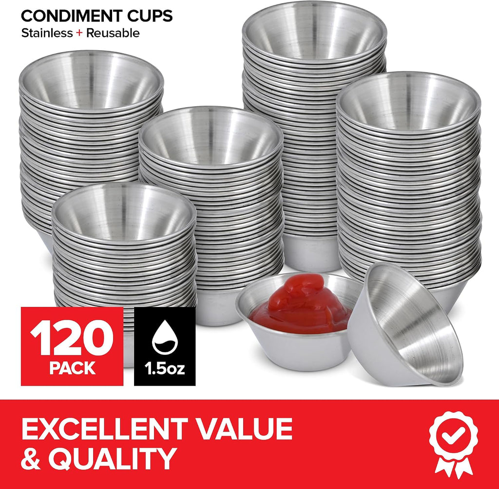 1.5 oz Stainless Steel Condiment Cups (120 Pack), Individual Portion Dipping Sauce Cups, Small Metal Ramekins for