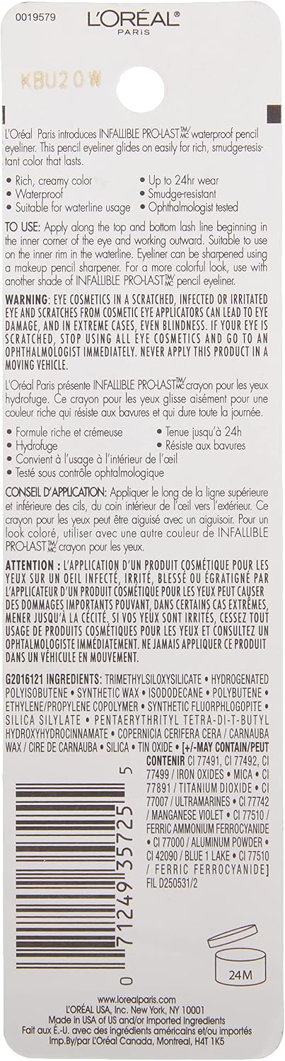 L'Oreal Paris Makeup Infallible Pro-Last Pencil Eyeliner, Waterproof and Smudge-Resistant, Glides on Easily to Create