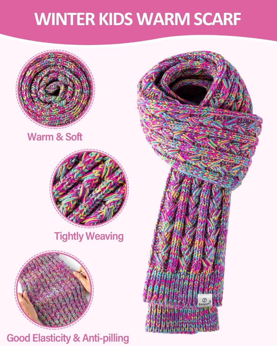 Kids Winter Hat Gloves Scarf Set,Girls Toddler Winter Hat Beanie with Pom Neck Warmer Gaiter Mittens Fleece Lined Set