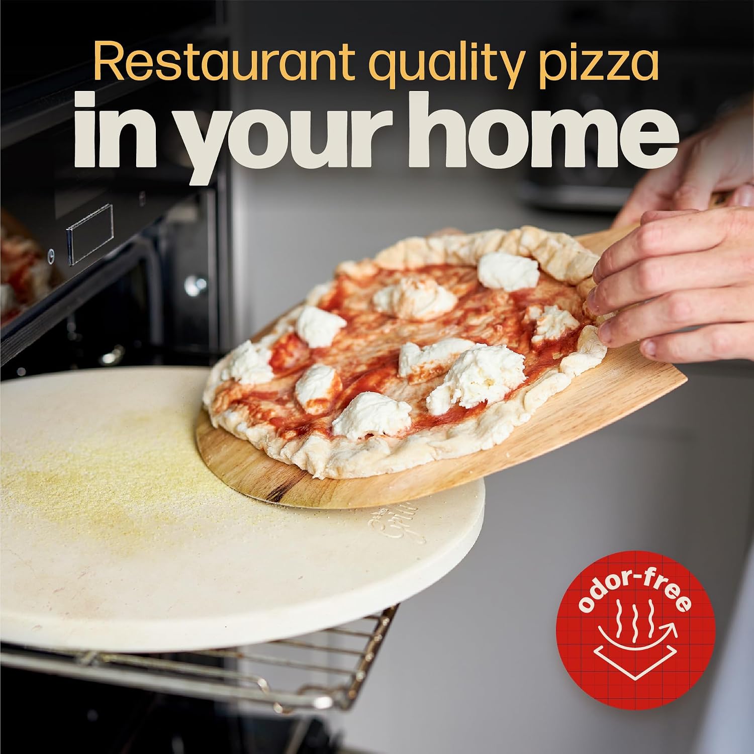 Circular Pizza Stone, 15 Inch Cordierite Stone with Wooden Peel
