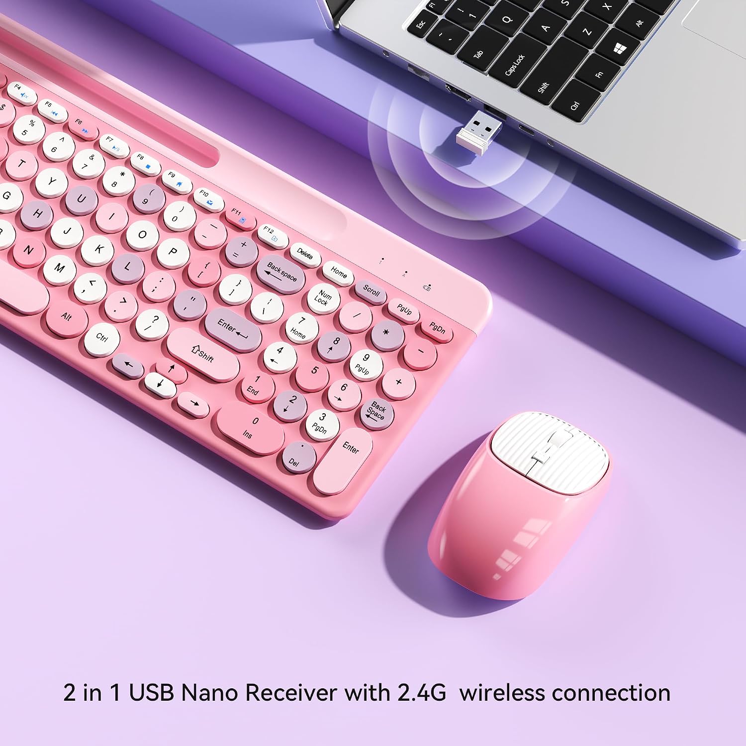 Retro Wireless Keyboard with Round Keycaps, 2.4GHz Full-Size USB Cute Wireless Keyboard Mouse for Computer, Desktop
