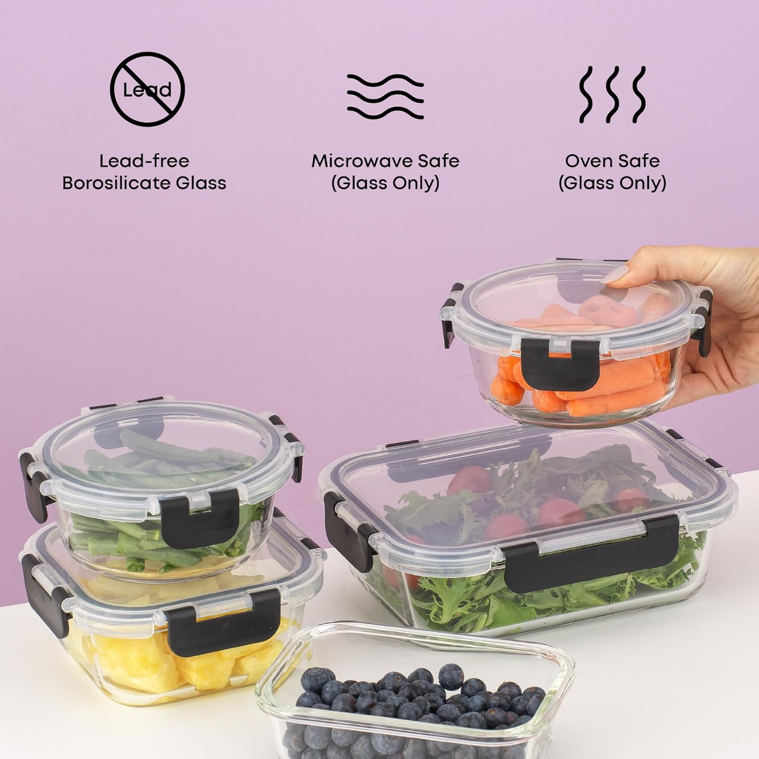 24pc Borosilicate Glass Storage Containers with Lids | 12 Airtight/Freezer Safe Food Storage Containers for Pantry
