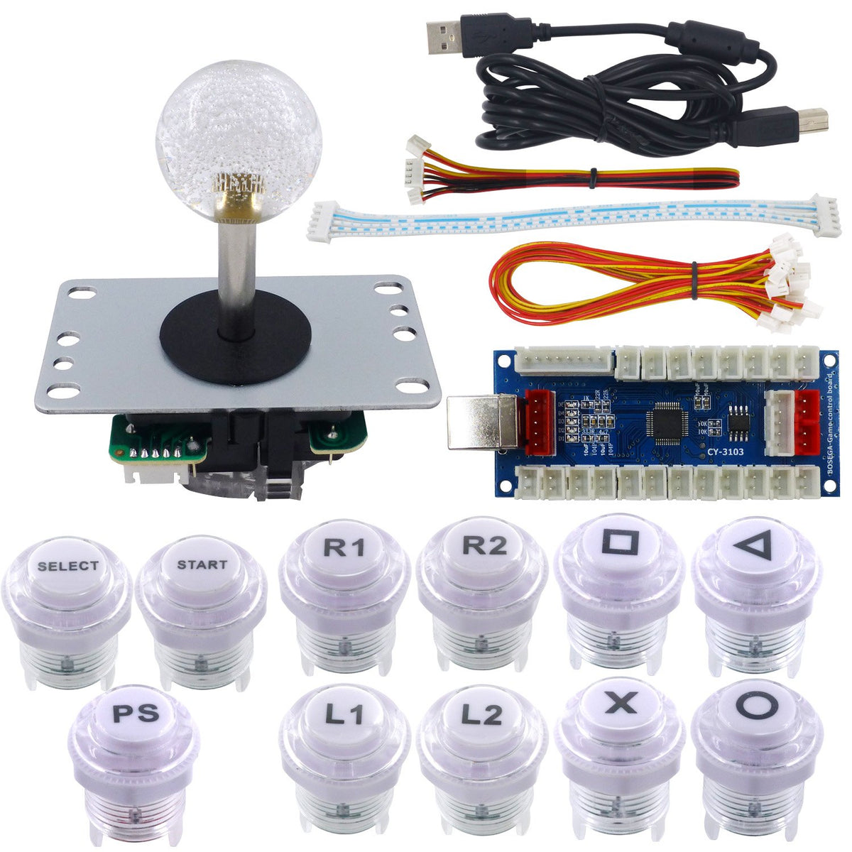 Arcade Game Stick DIY Kit Buttons with Logo 8 Way Joystick USB Encoder Cable Controller for PC PS3 PS2 MAME Raspberry