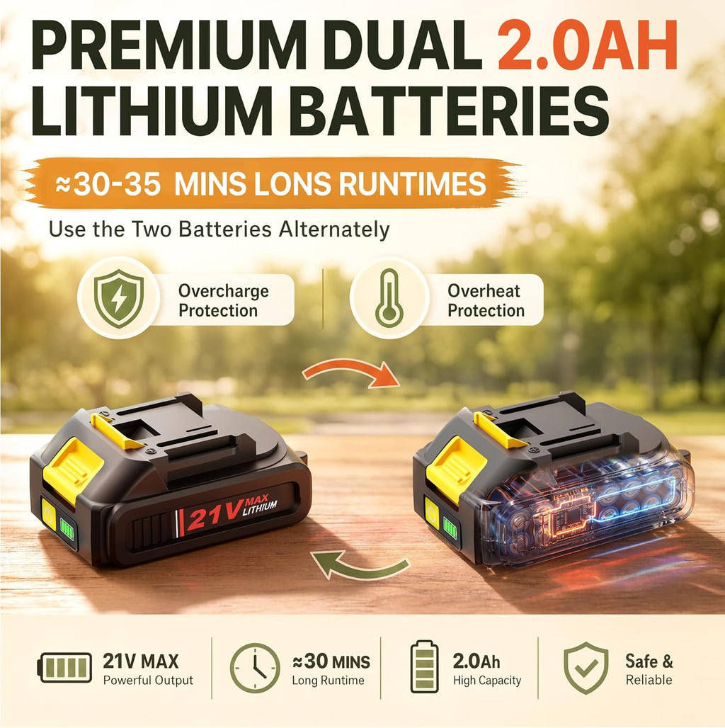 21V Cordless Weed Wacker,12 Inch String Trimmer with Auto Line Feed | Battery Powered Weed Eater with 2 x 2.0Ah