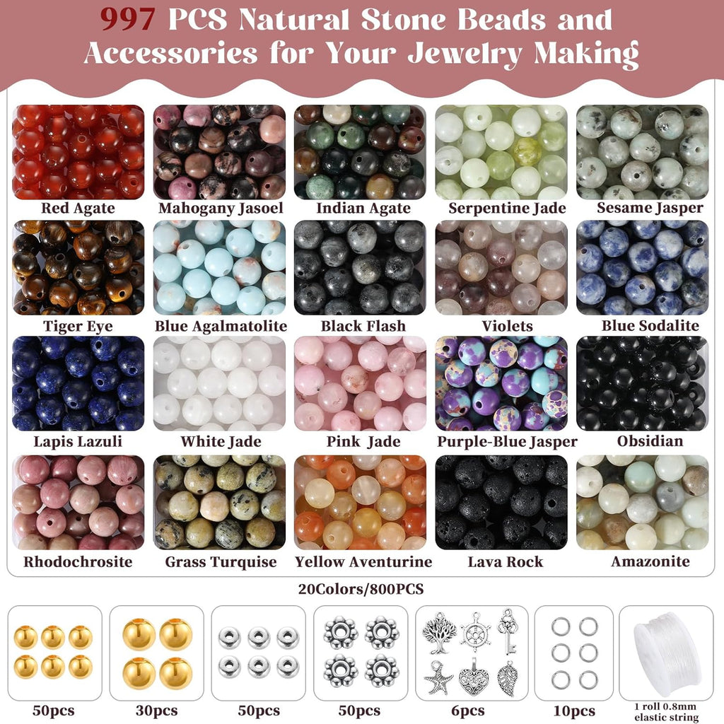 996 Pcs 6mm Natural Stone Beads, Round Crystals Bead Genuine Real Stones, Gemstone Beads Kit with Spacer Bead Charms