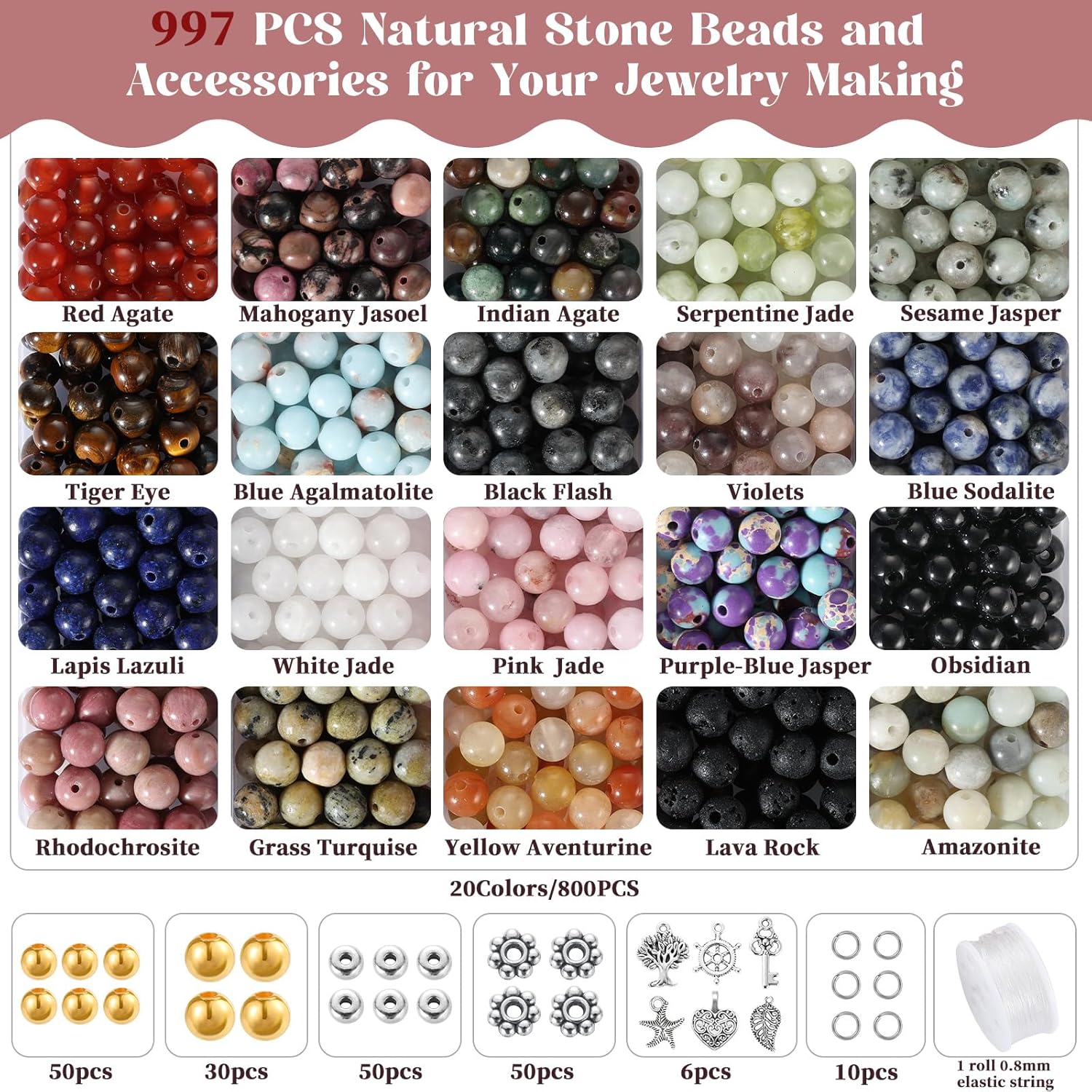 996 Pcs 6mm Natural Stone Beads, Round Crystals Bead Genuine Real Stones, Gemstone Beads Kit with Spacer Bead Charms