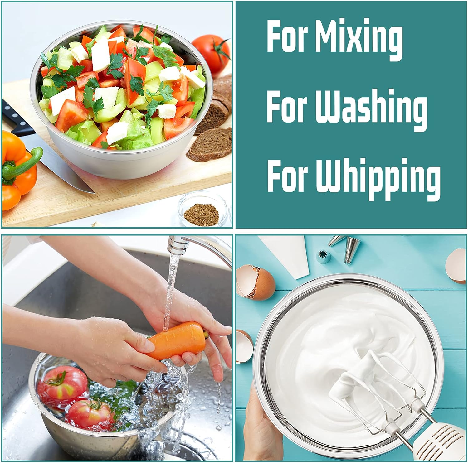 Mixing Bowls With Lids, Set of 6, Stainless Steel Nesting Mixing Bowls & Fitting Lids & Non-Slip Silicone Bottom