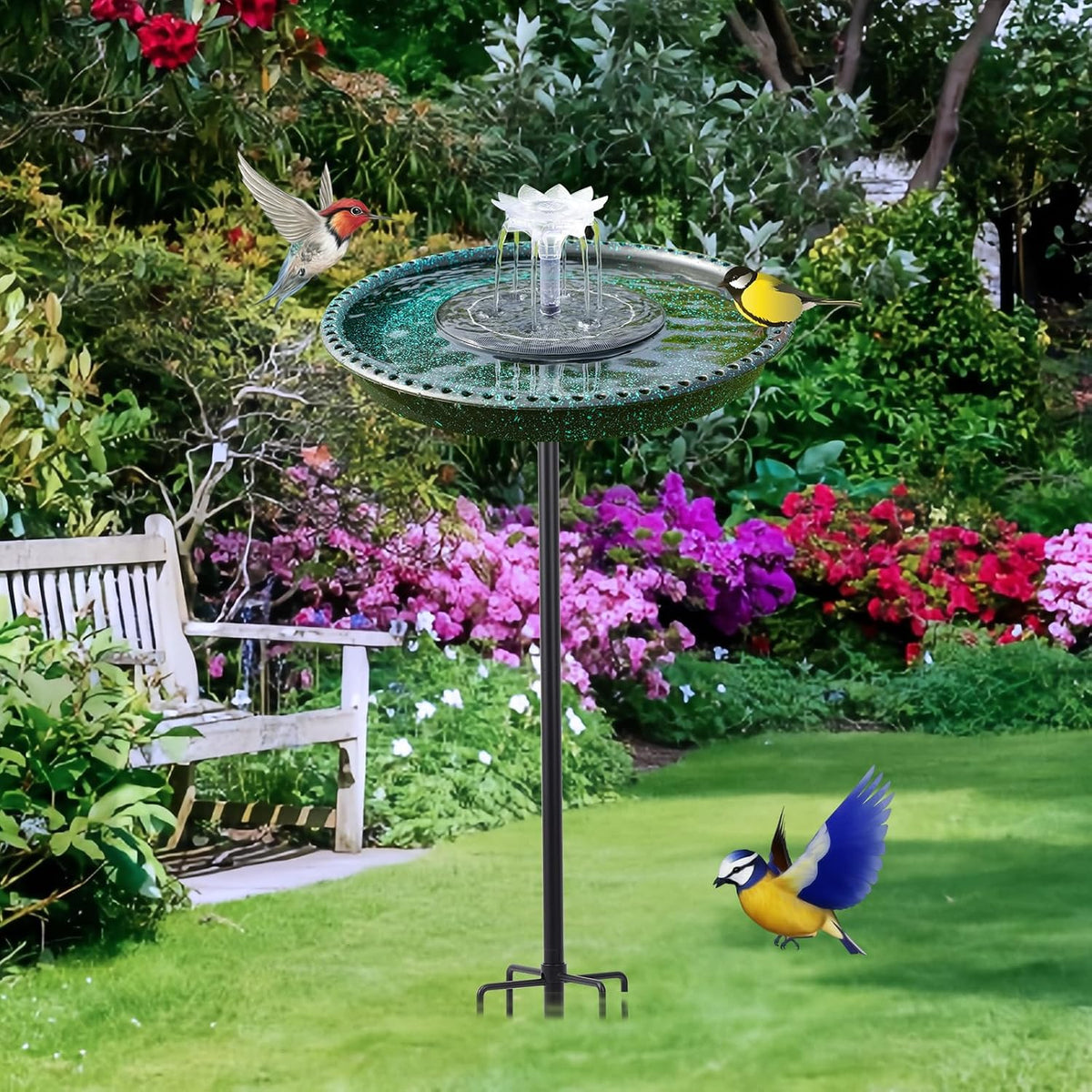 Bird Bath with Solar Powered Fountains for Hummingbirds,Stable Stylish Design with 5-Prong Base Stake Plastic Bird