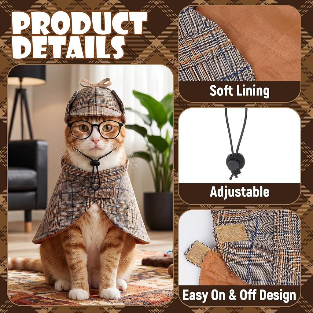 Dog Costume Set Detective Cloak Hat and Glasses for Small Dog and Cat | Pet Detective Costume for Halloween Party