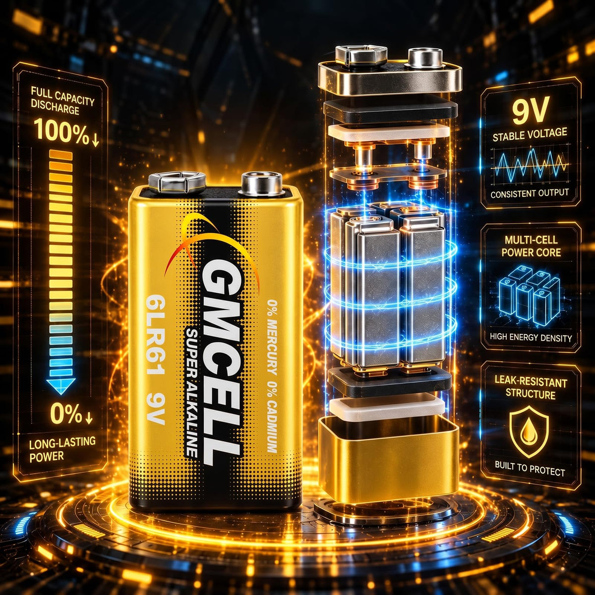 9V Batteries 16-Pack,Alkaline Non-Rechargeable Long-Lasting