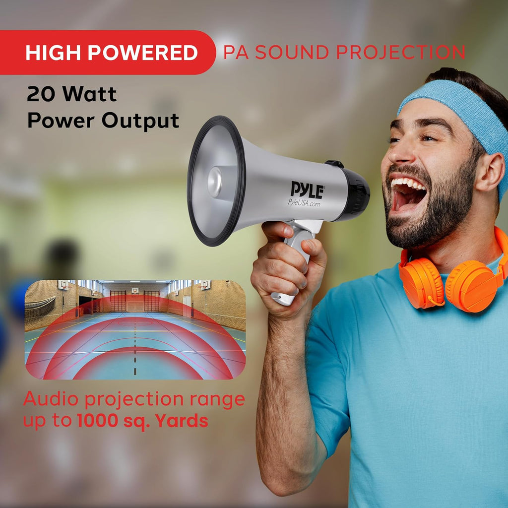 Portable Megaphone Speaker Siren Bullhorn - Compact, Battery Operated, 20W Power, Microphone, 2 Modes, PA Sound, 1000