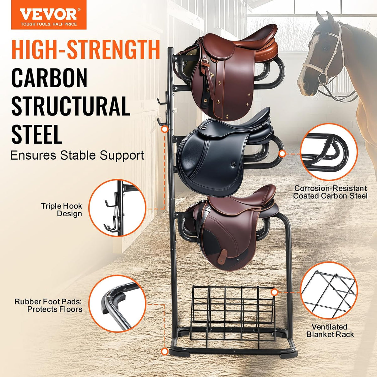 Freestanding Saddle Stand, 30 x 30 x 68.5 in, 3 Tiers Saddle Rack, Heavy Duty Saddle Blanket Holder with Removable &