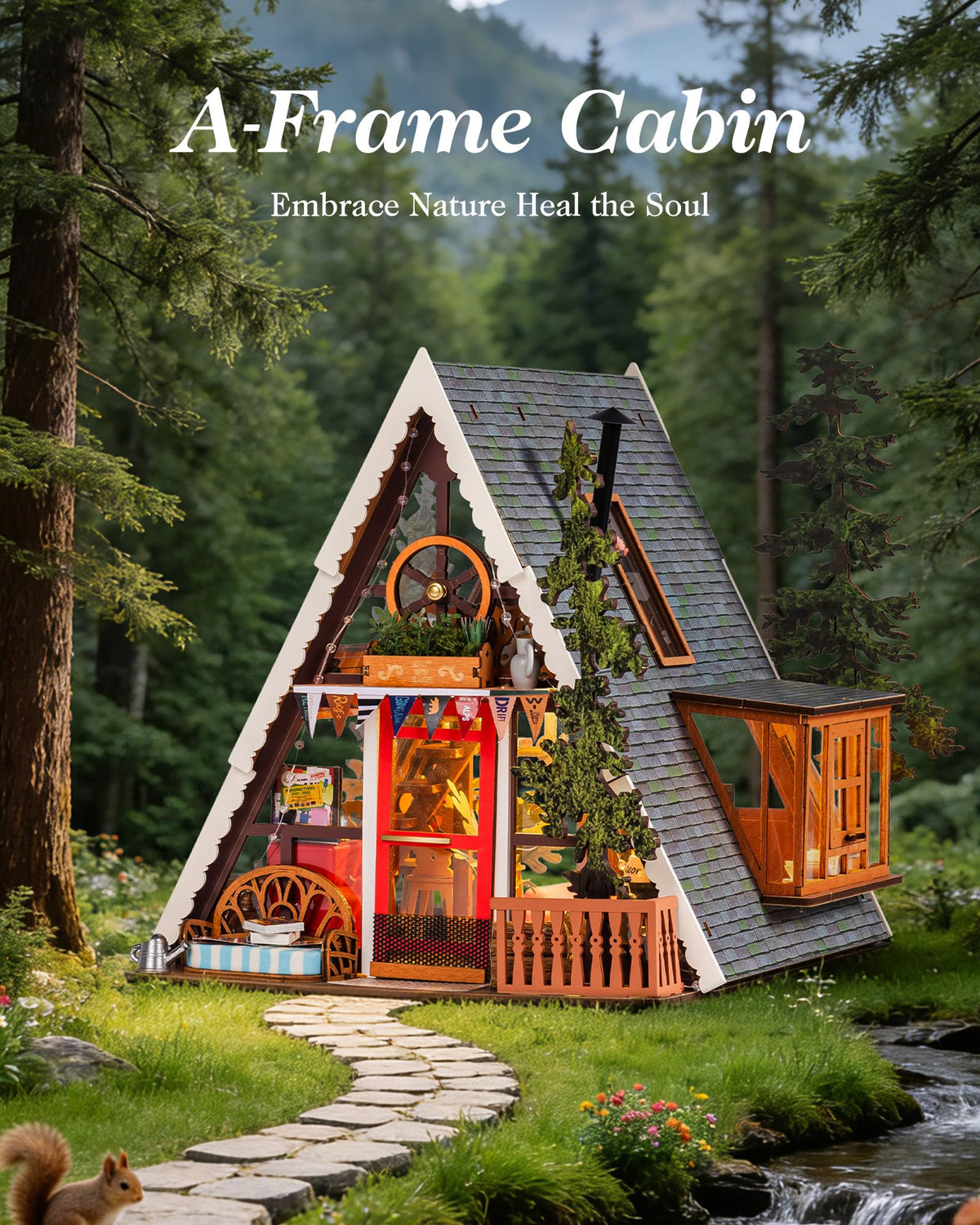 DIY Miniature Forest Tiny House Kit-A-Frame Cabin with LED Lights