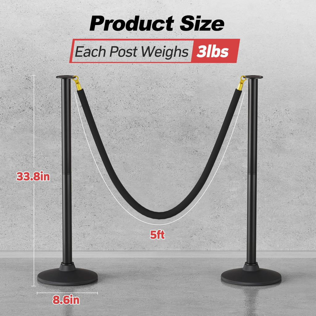 2 Pack Plastic Stanchion Posts, Black Velvet Rope, Crowd Control