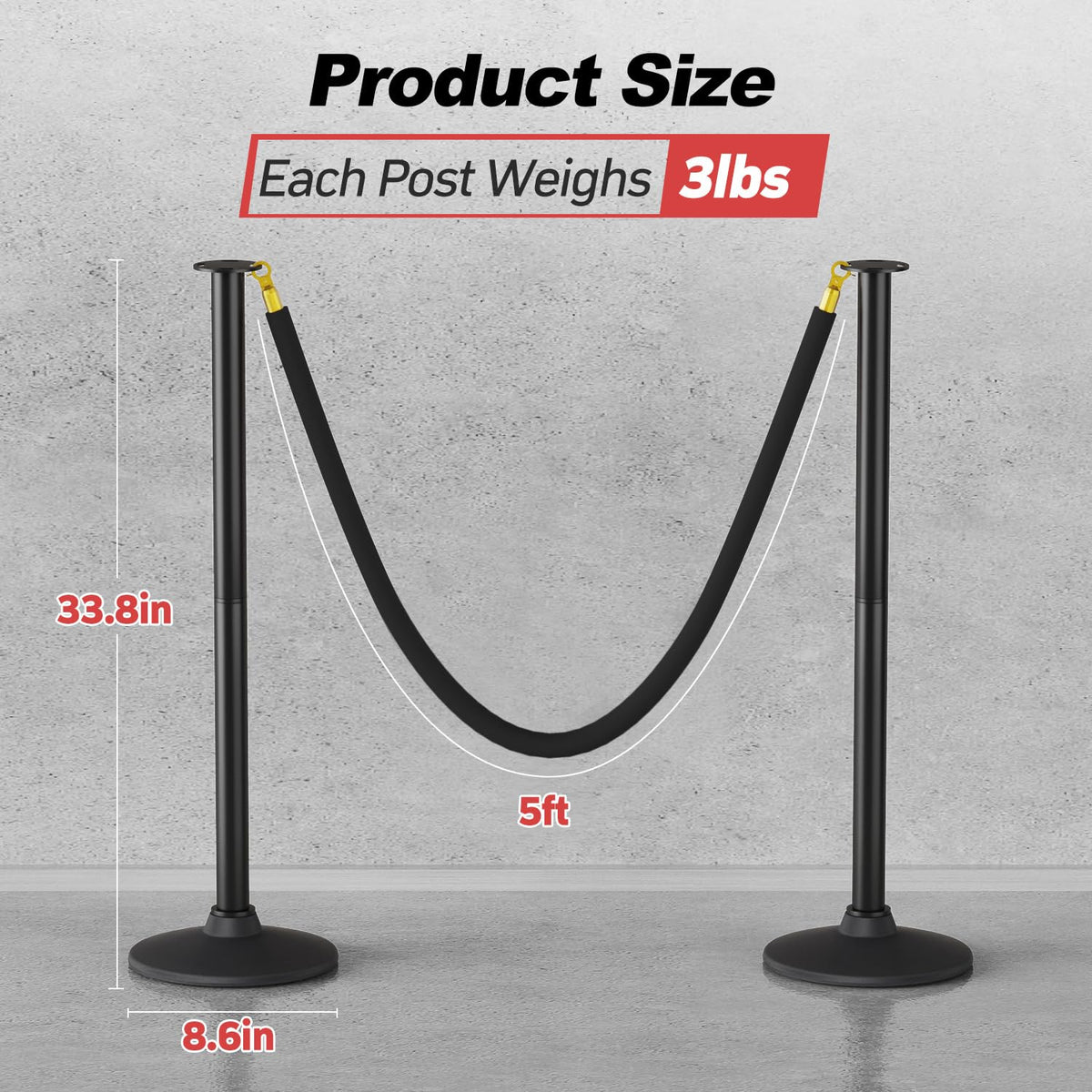 2 Pack Plastic Stanchion Posts, Black Velvet Rope, Crowd Control
