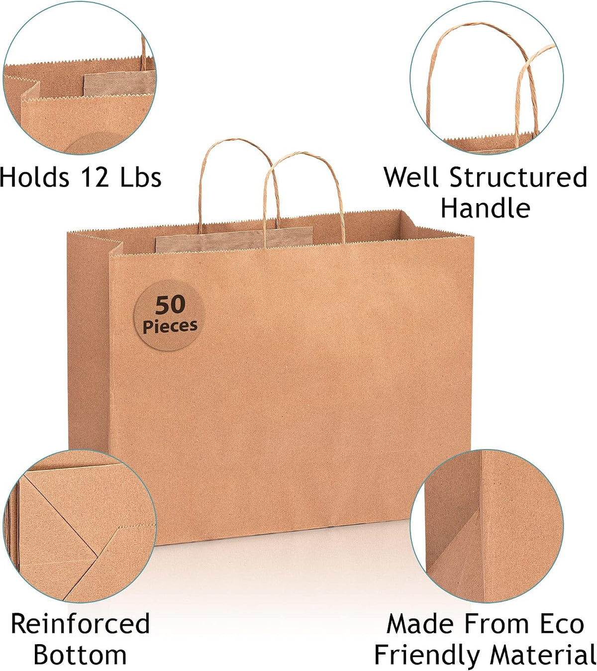 Large Brown Paper Bags with Handles, 16x6x12-50 Pack