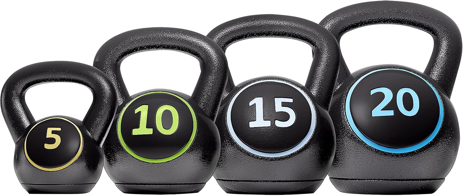 4 Piece Kettlebell Set 5lb 10lb 15lb 20lb Strength Training Black | HDPE and concrete kettlebells support varied