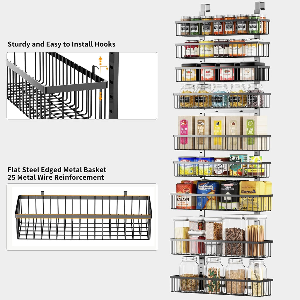 9-Tier Over The Door Pantry Organizer, Pantry Organization and Storage, Black Hanging Basket Wall Spice Rack