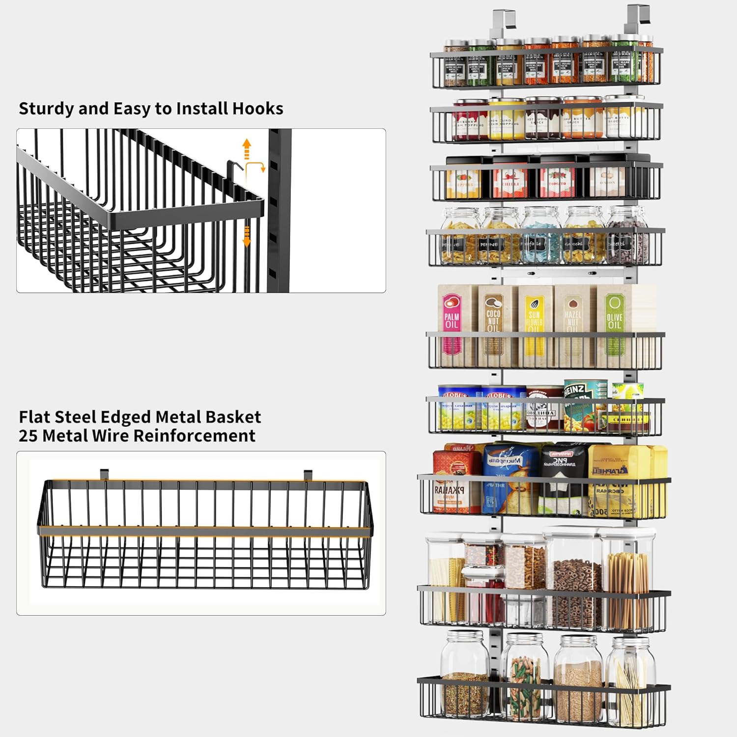 9-Tier Over The Door Pantry Organizer, Pantry Organization and Storage, Black Hanging Basket Wall Spice Rack