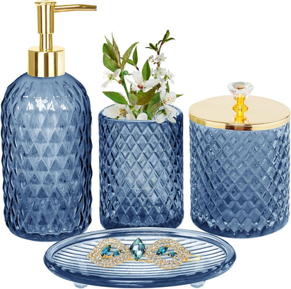 Glass Bathroom Accessories Set, Navy Blue Bathroom Set, 4 Pcs | Kit w/ Bathroom Soap Dispenser Set, Toothbrush