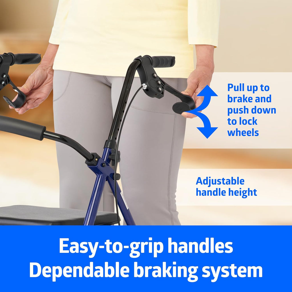 Rollator Walker with Seat, Steel Rolling Walker with 6-inch Wheels Supports up to 350 lbs, Medical Walker, Blue