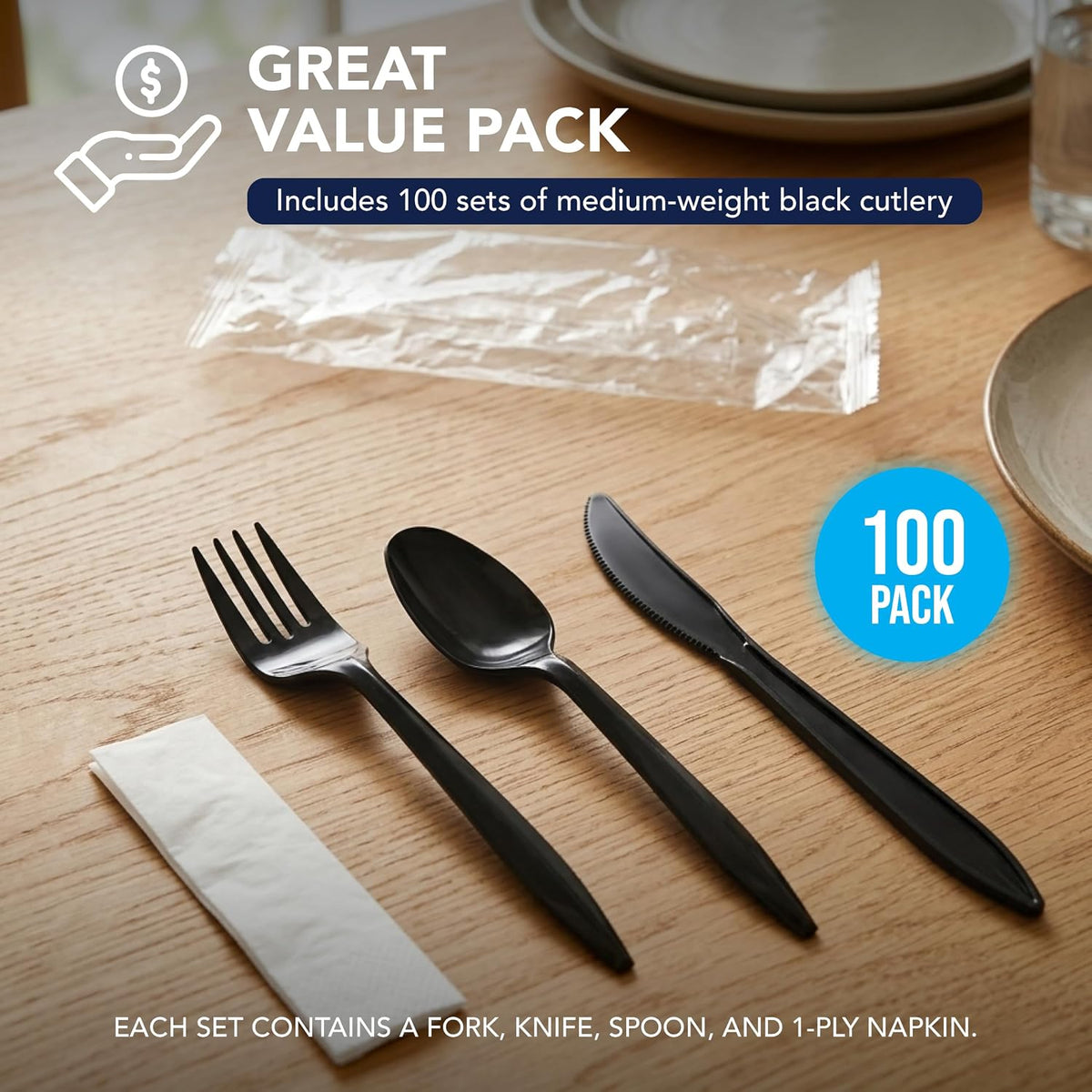Individually Wrapped Plastic Cutlery Packets/Silverware Kits, Black Fork/Spoon/Knife/Napkin, 100 Sets