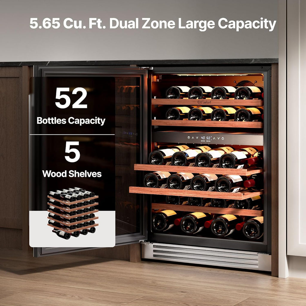 24 Inch Dual Zone Wine Fridge, 52 Bottle Built-in Wine Cooler