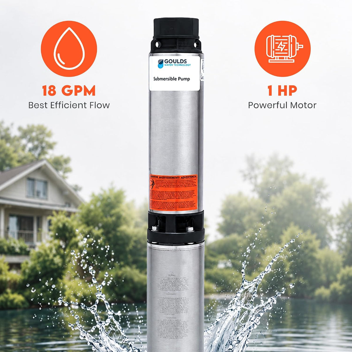Goulds 25HS10422C, Mid-suction 4" Submersible Water Pump, 1 HP, 25 GPM, 230V, 1 PH, 2 Wire, 7 Stages, 5 Year Warranty
