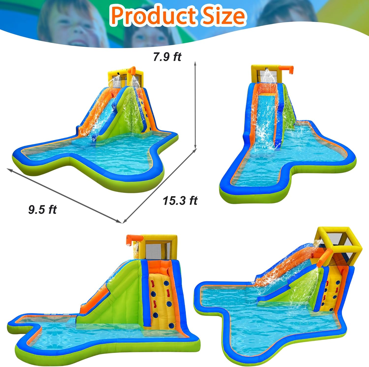 6 in 1 Inflatable Water Slide Bounce House, 15.3x9.5x7.9FT 300LBS Weight Limit, Wet Dry Outdoor Water Park with