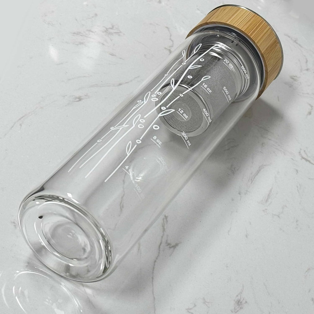 23 oz Glass Water Bottle with Infuser and Bamboo Lid Stainless Steel Handle - Tea Infuser Bottle