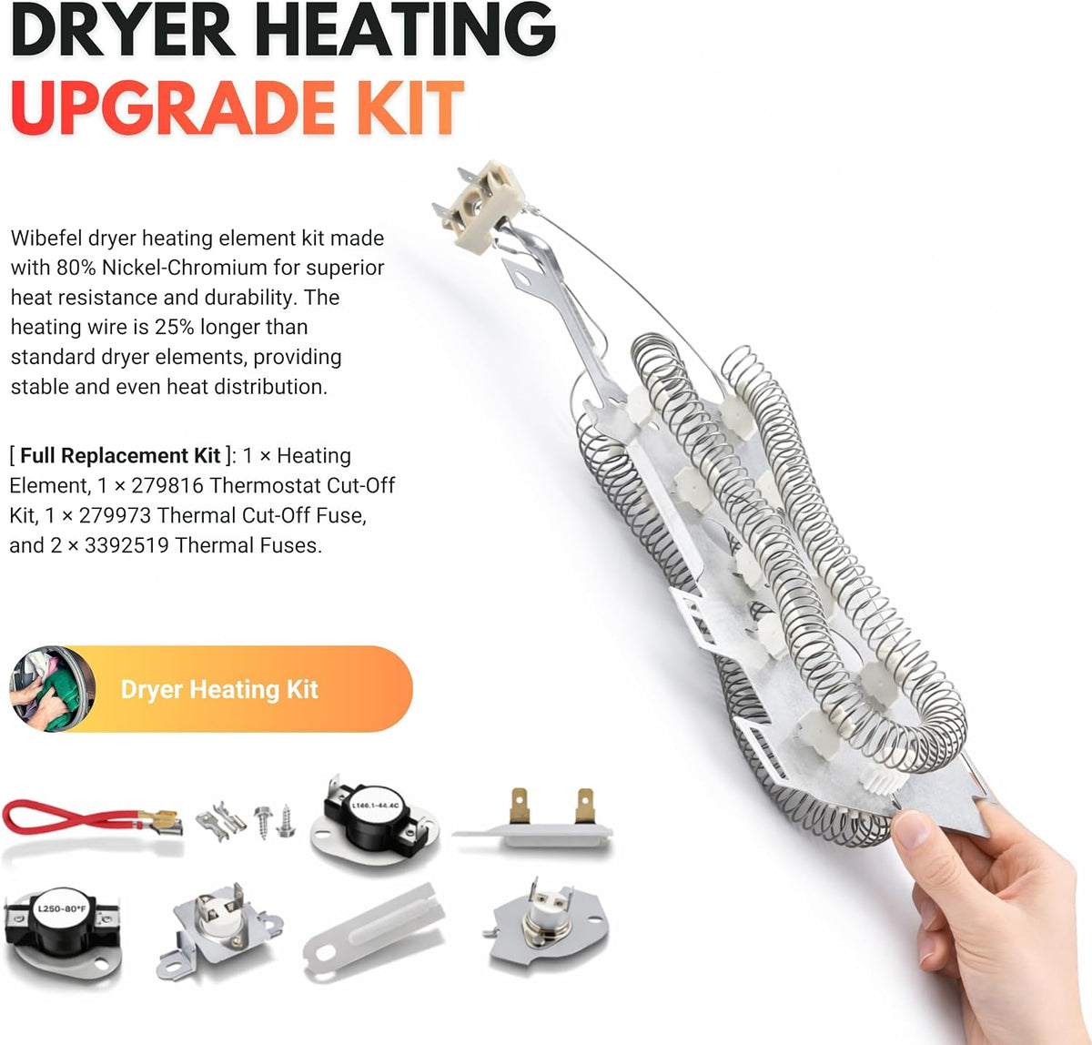 Dryer Heating Element Kit fits Whirlpool WED7590FW0 WED75HEFW0 WED7600XW0 WED7800XB0 WED7800XL0 WED7800XW0 WED7990XG0 – Includes Thermostat, Thermal Fuse
