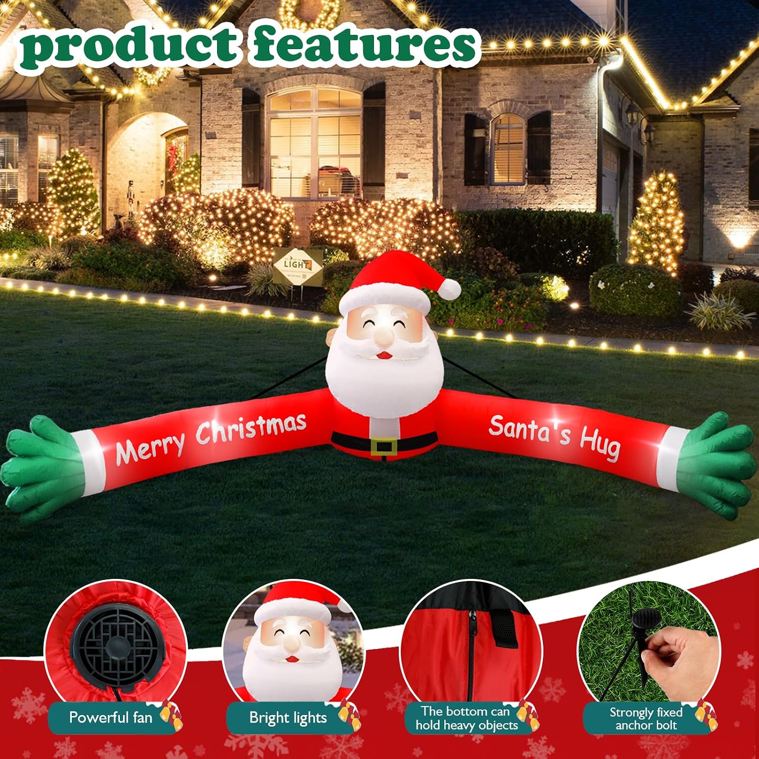 10FT Giant Christmas Inflatable Santa Claus Outdoor Decorations, Hug Santa Inflatable Built-in LED Light