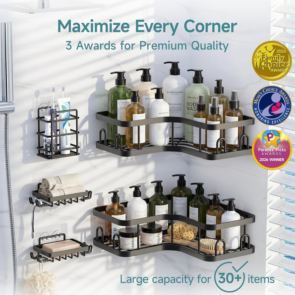 Large Capacity Corner Shower Caddy 5-Pack, Advanced Rustproof Design | No Drilling Adhesive Shelves, Rack with Soap