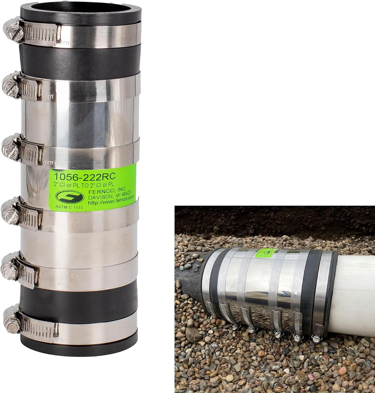 Fernco 2-inch XL Flexible Pipe Coupling Connector Fitting with Stainless Shield, Below Ground Plastic, Cast Iron, Steel