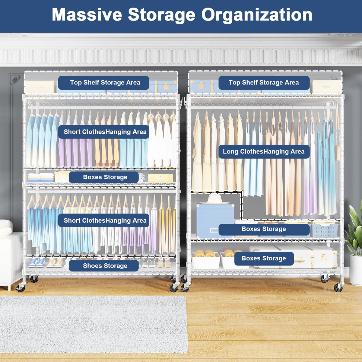 P8C Max Heavy Duty Clothes Rack（With Extended Width Design） Rolling Clothing Racks for Hanging Clothes with Lockable