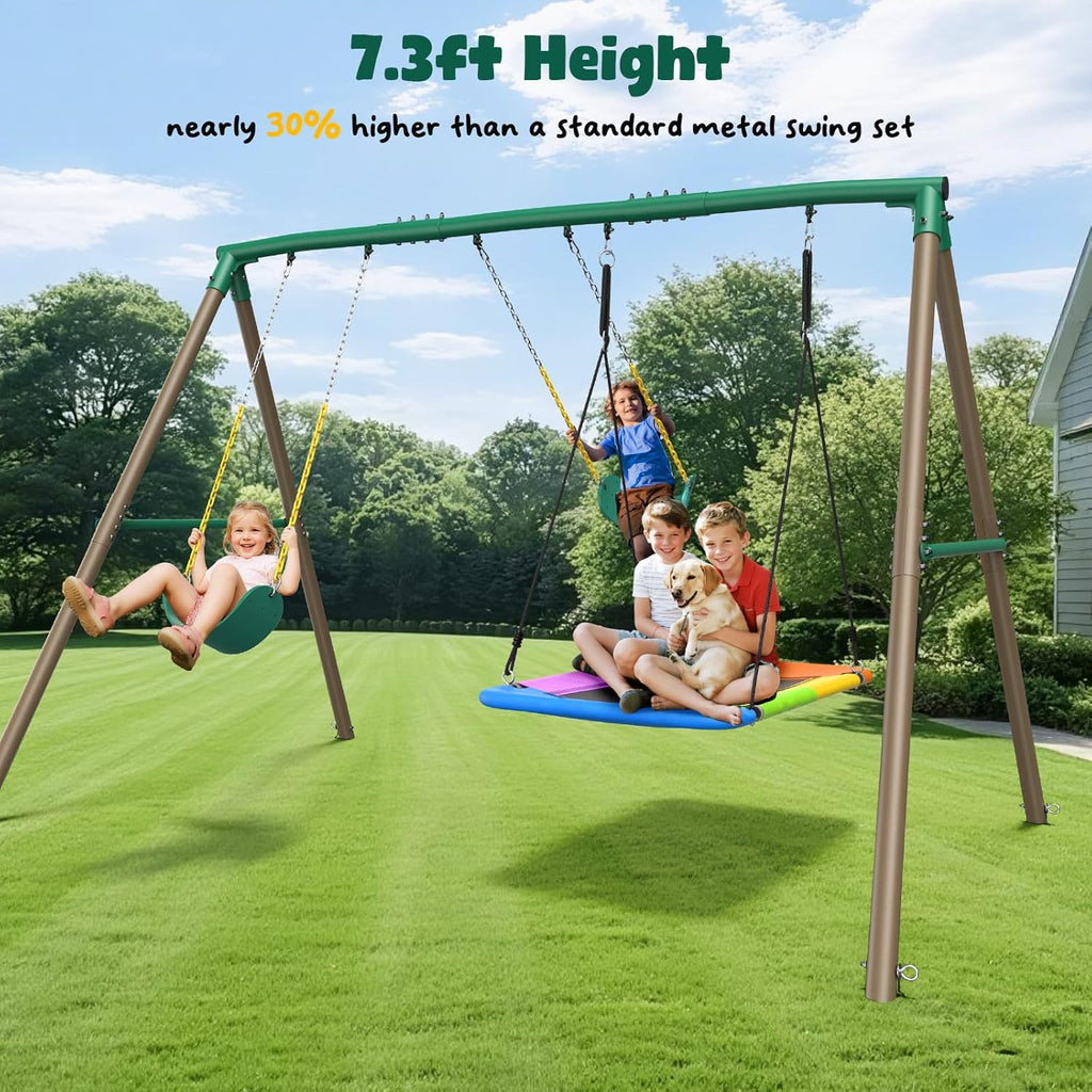 7.3ft Tall Heavy Duty Swing Set, 3 Swings Metal Swing Sets for Backyard, Big Kids Playset for Playground Outdoor