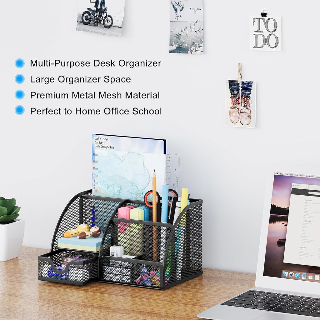 Mesh Desk Organizer with Drawer Multi-functional Pen Holder Stationery Organizer for Office School Supplies 6