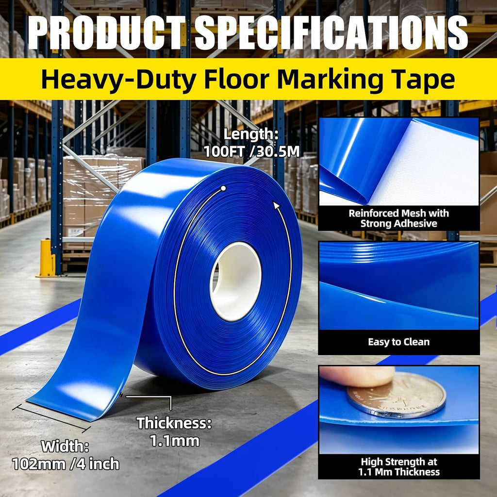 Blue Floor Marking Tape, 1.1mm Extra Thick Industrial Safety Tape, 4 in Width x 100FT, Warning Tape for Warehouse