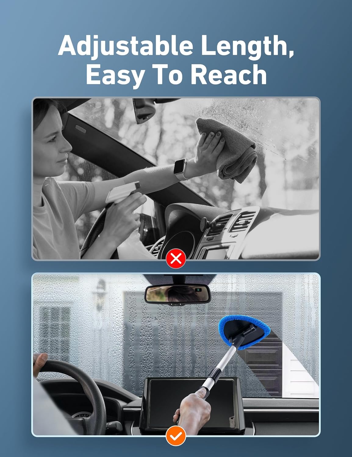 21" Windshield Cleaner Tool, Car Interior Detailing Cleaning Kit with Extendable Handle and 4 Upgraded High-Density