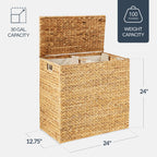 Large Laundry Hamper with Lid, Natural Handwoven Hyacinth Laundry Basket, W/Removeable & Washable Liner Bag