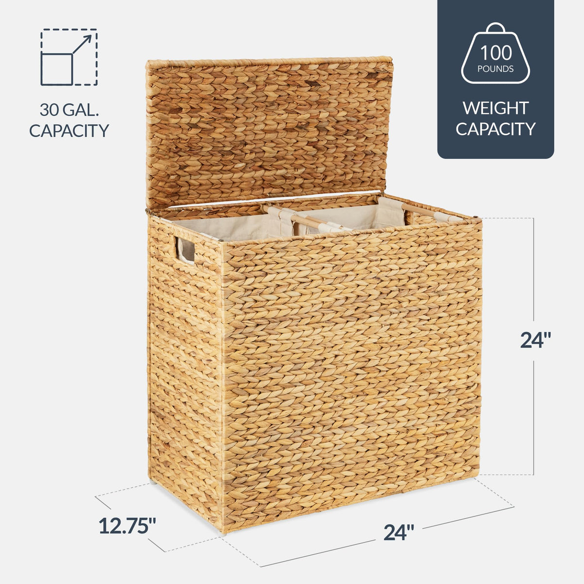 Large Laundry Hamper with Lid, Natural Handwoven Hyacinth Laundry Basket, W/Removeable & Washable Liner Bag